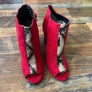 Red Peep-Toe Ankle Boots with Snakeskin Detail